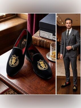 Elanroman loafers men’s velvet tiger black size 45 US 11 Embroidered shoes